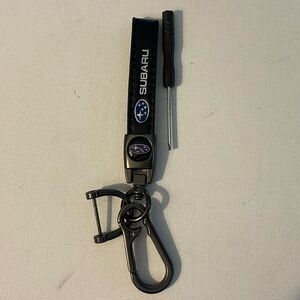 Subaru Logo Key Fob Keychain in Black and Silver Leather NWT
